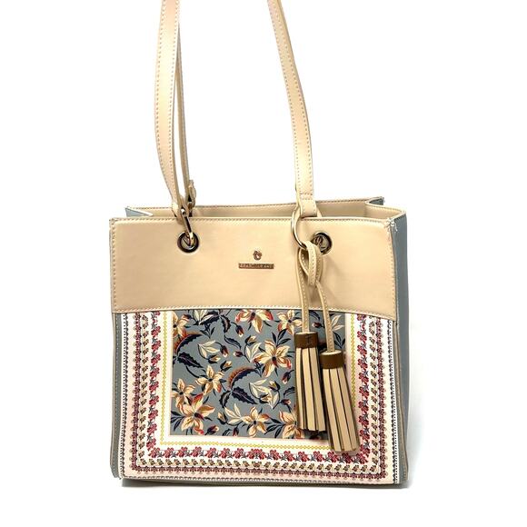 Spartina 449 Designer‎ Hand Bag Tan Blue Floral Leather Purse Snap Close Tassels - Picture 2 of 9